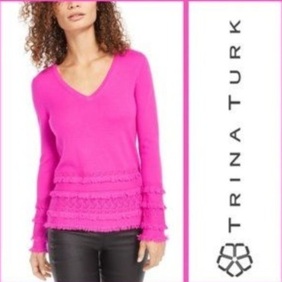 Trina Turk Merino Wool Pointelle Fringe-Trim Sweat - Picture 2 of 6